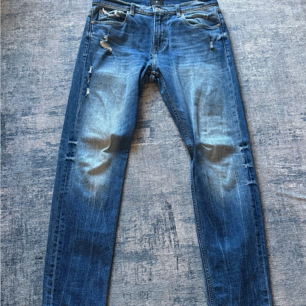 7 For All Mankind Blue Skinny Jeans Distressed